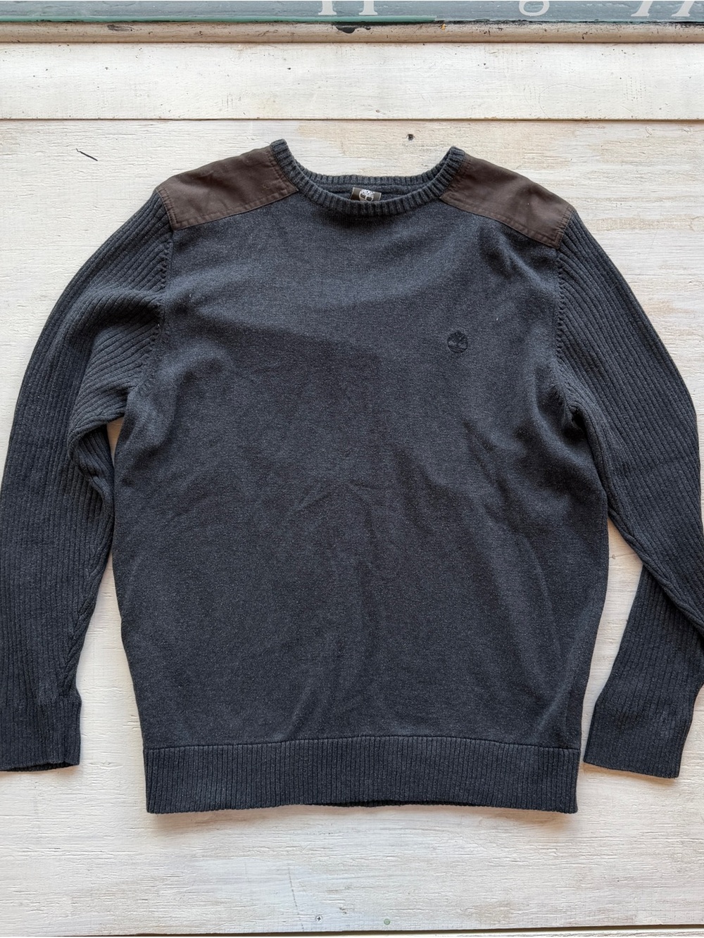 VTG Timberland Charcoal Crewneck Sweater with Brown Shoulder Panels 100% Cotton